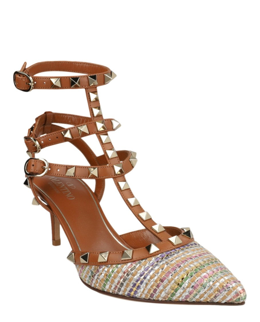 Valentino Rockstud Caged Pumps In Woven Fabric And Leather