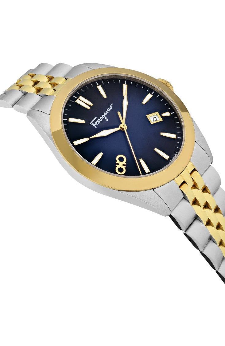 Ferragamo Two-Tone Bracelet Watch With Blue Sunray Dial And Deployant Buckle