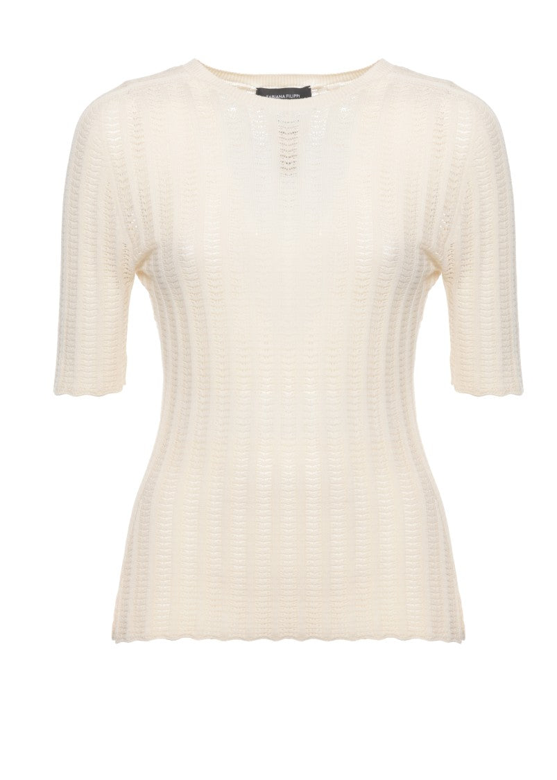 Fabiana Filippi Ivory Perforated Crewneck Cotton Short-Sleeved Top