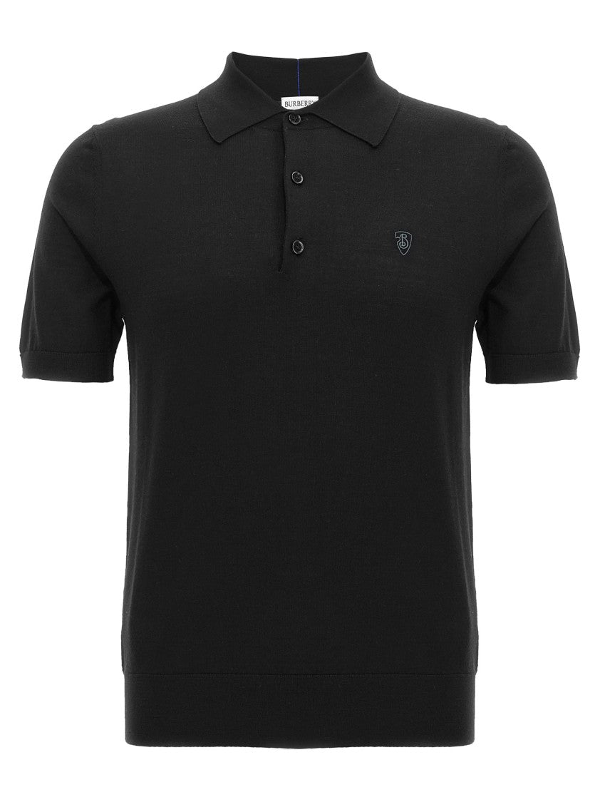Burberry Contrast-Embroidered Black Wool Polo Shirt