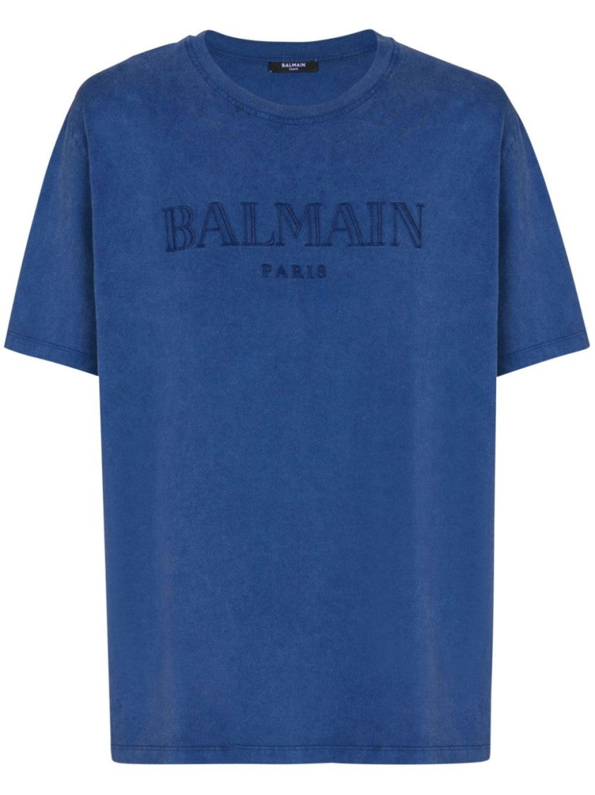 Balmain Navy Blue Cotton Tonal Logo T-Shirt