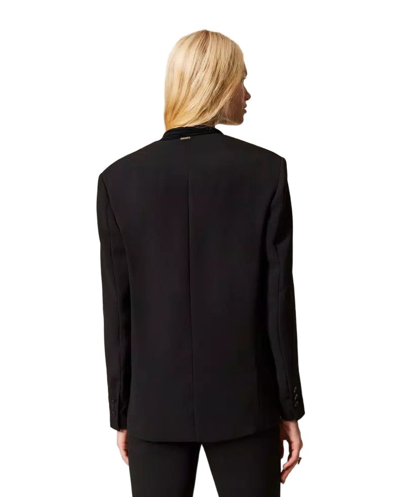Twin-Set Crêpe Removable Pleated Scarf V-Neck Blazer