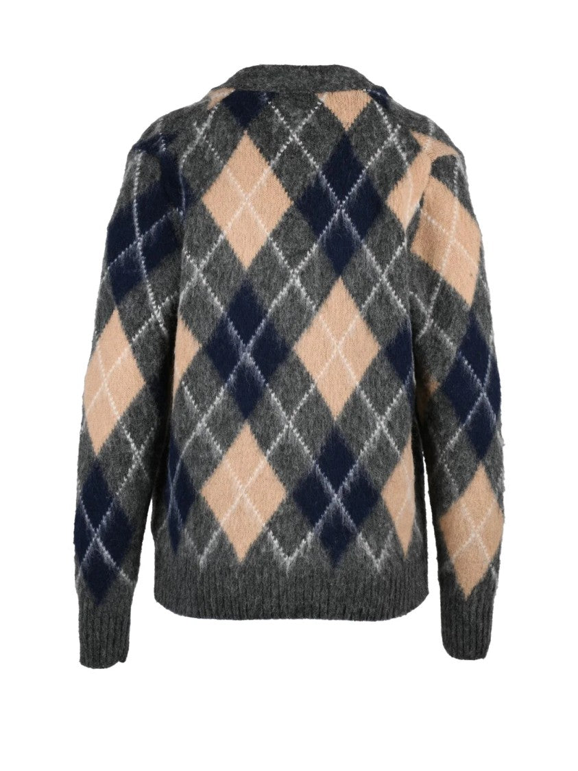 Aspesi Grey/Beige Argyle Pattern V-Neck Wool Cardigan
