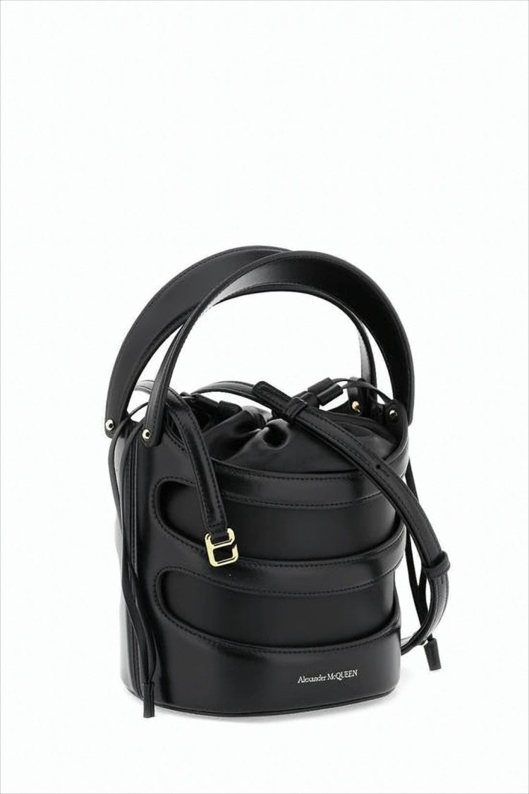 Alexander Mcqueen Layered Black Lambskin Crossbody Bag With Drawstring Closure