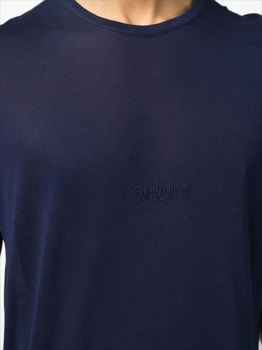 Saint Laurent Embroidered Logo Blue Rayon T-Shirt