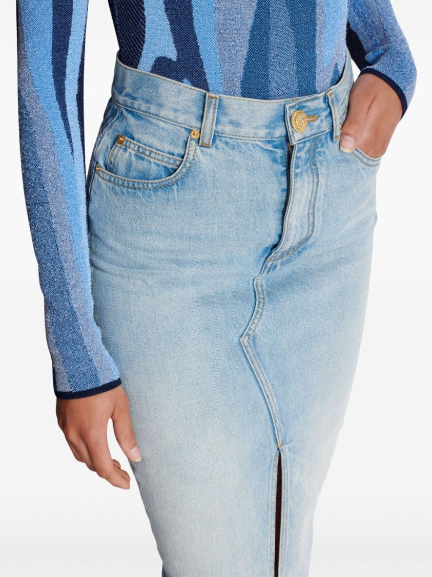 Balmain Washed Denim Midi Skirt