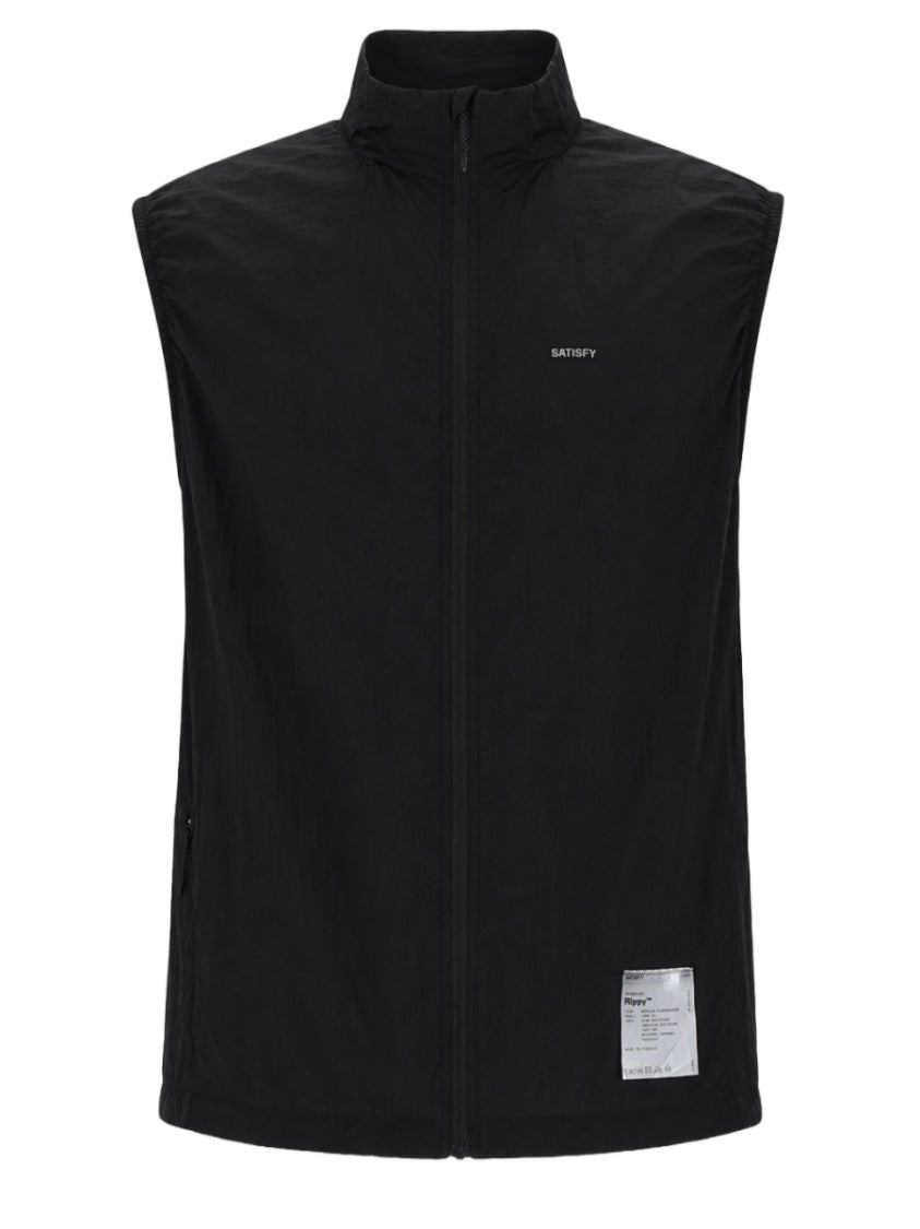 Satisfy Black Sleeveless High-Collar Zippered Nylon Jacket