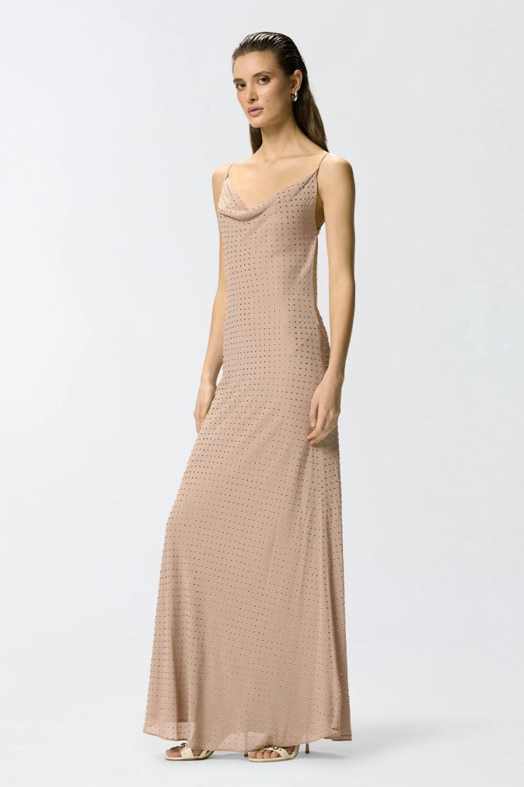 Pinko Beige Perforated Dot Cowl Neck Polyester Maxi Dress