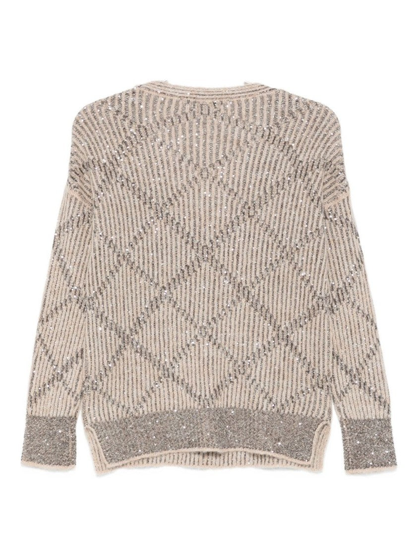D. Exterior Relaxed Fit Beige Knit Sweater With Round Neckline
