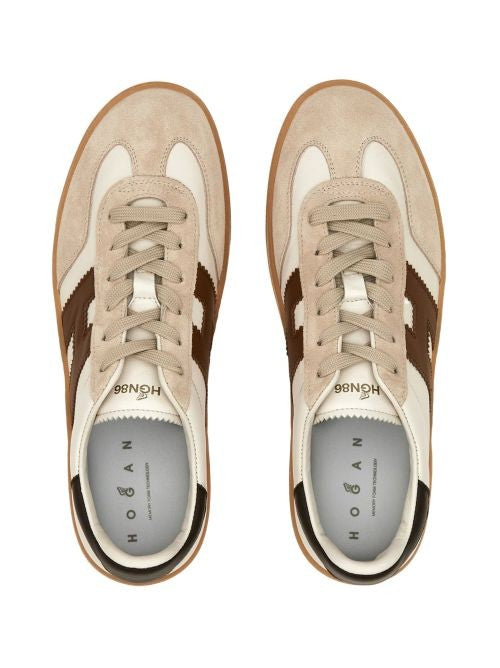 Hogan Light Beige Leather Sneakers With Appliqué Logo