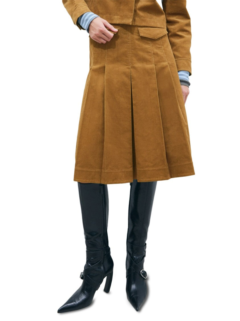 Tory Burch Corduroy Pleated Flap-Pocket Midi Skirt