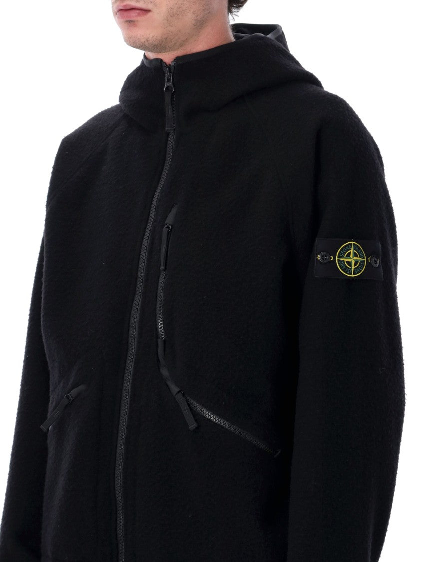 Stone Island Hooded Jacket In Ratteened Wool Nylon