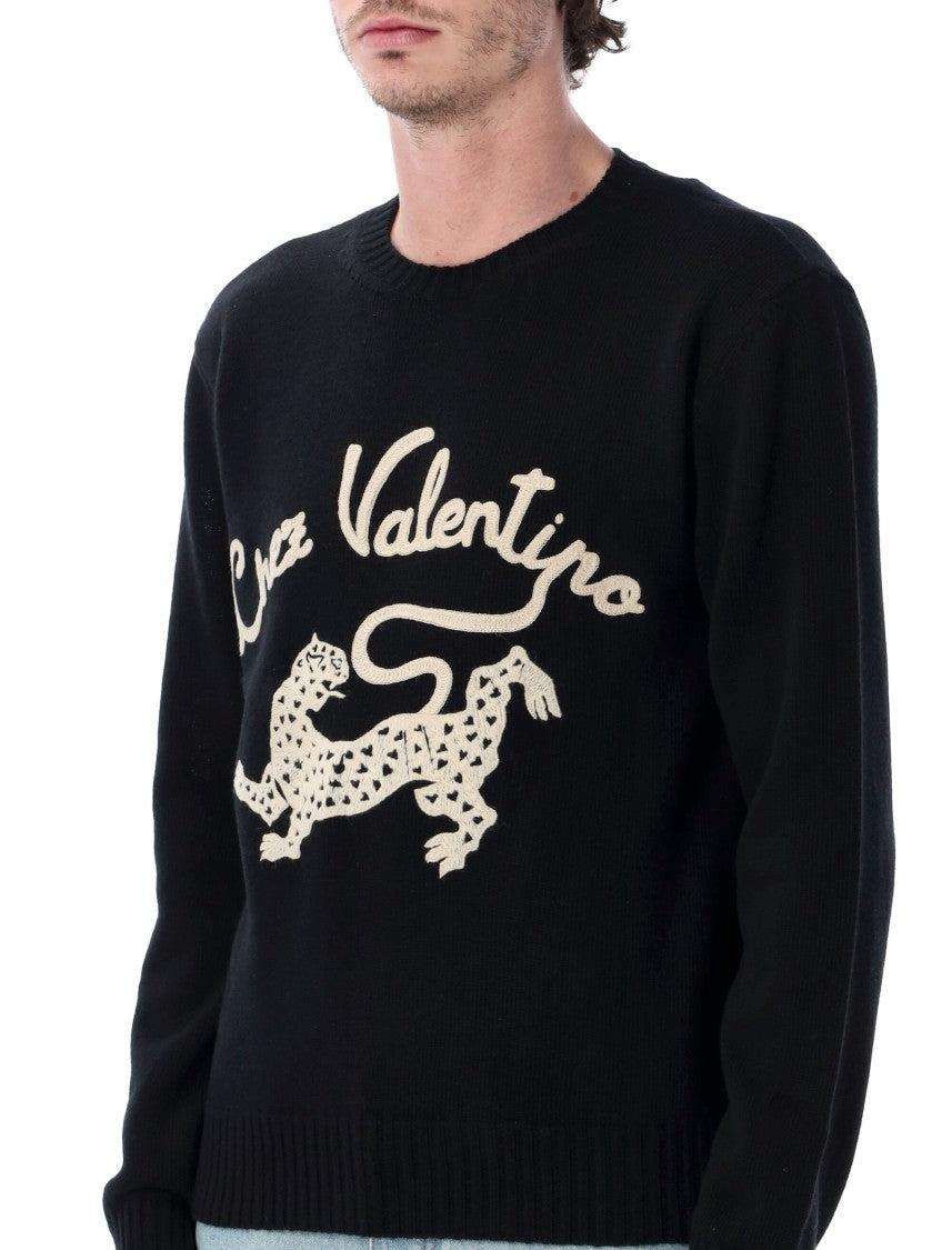 Valentino Garavani Embroidered Black Wool Jumper With Crew Neck