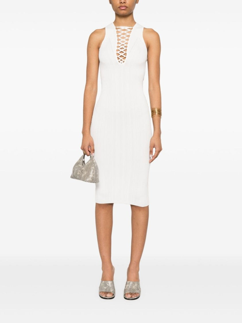 Elisabetta Franchi Deep V-Neck Midi Dress With Lace-Up Detail