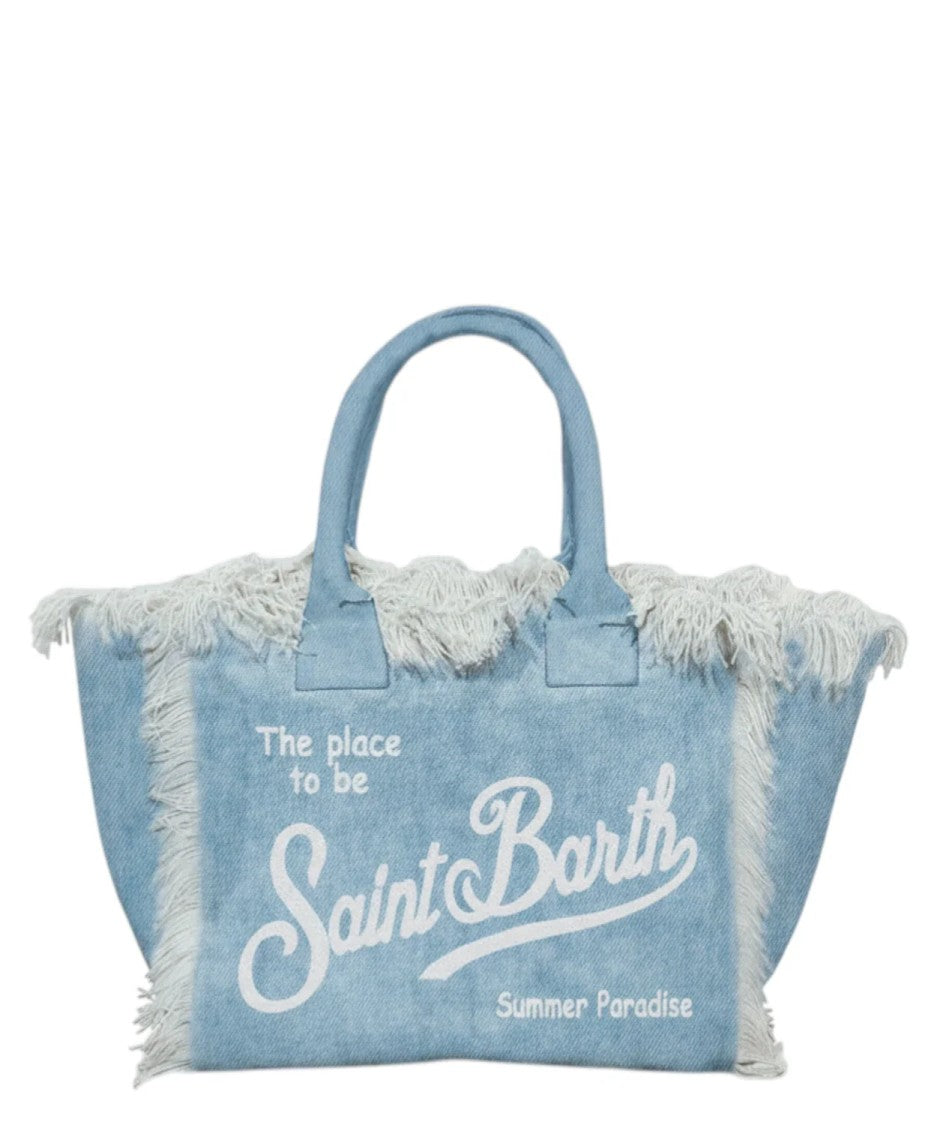 Mc2 Saint Barth Light Blue Denim Tote Bag With Frayed Edges