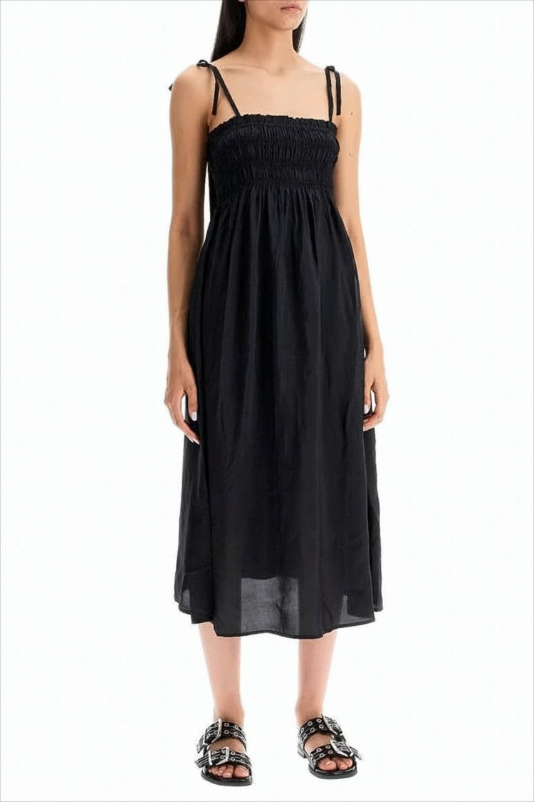 Ganni Smocked Midi Dress With Adjustable Tie Straps
