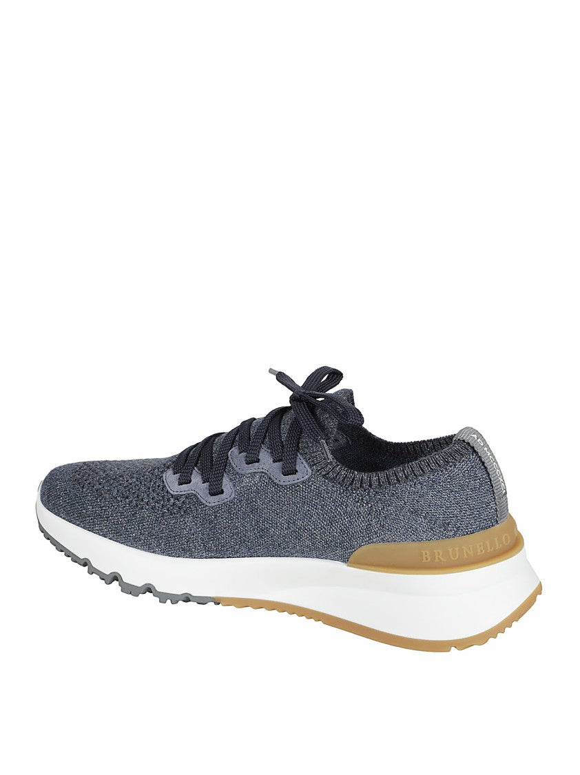 Brunello Cucinelli Deep Blue Stretch-Knit Low-Top Sneakers With Logo Accents