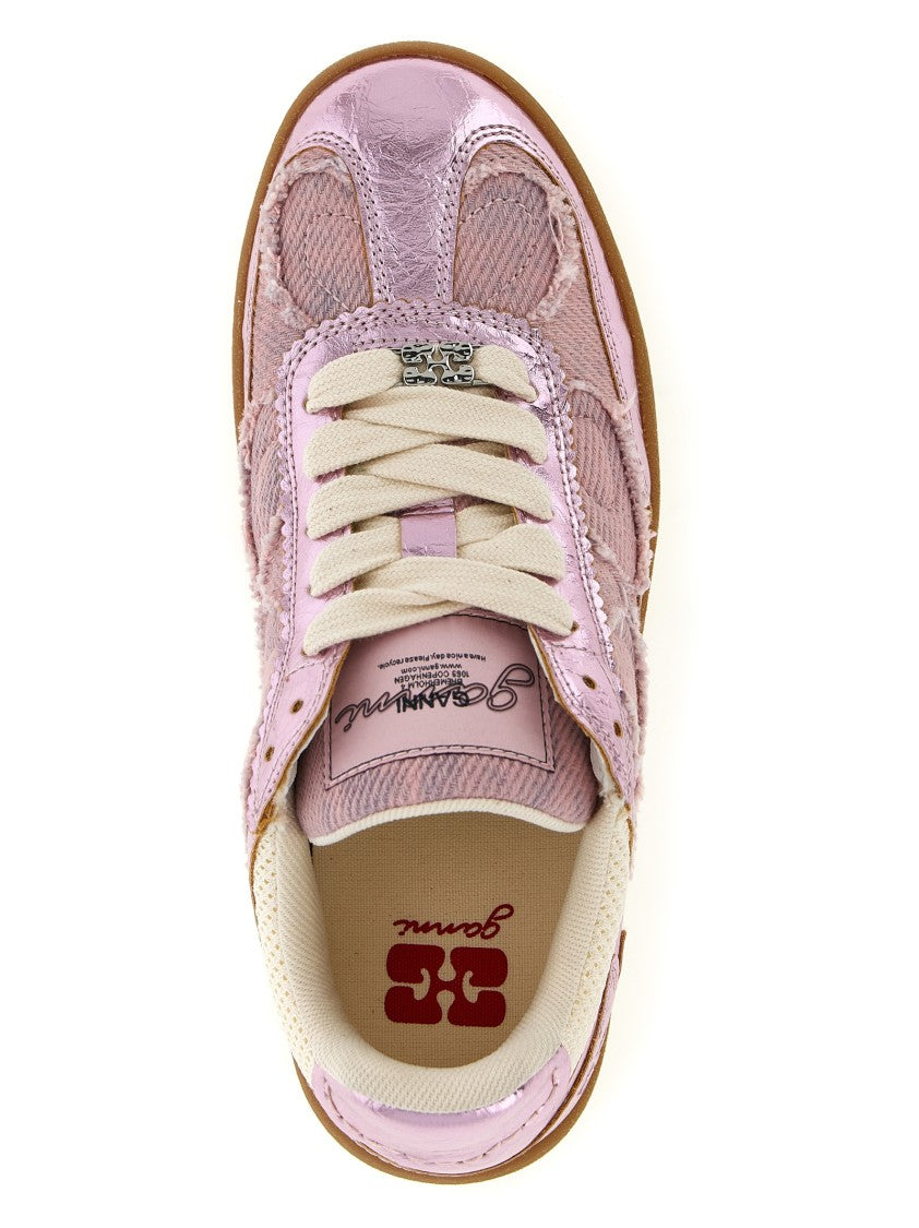 Ganni Denim-Effect Sneakers With Craqulé Metallic Finish