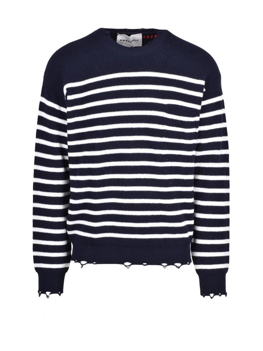Amaranto Blue/White Distressed Striped Wool Sweater