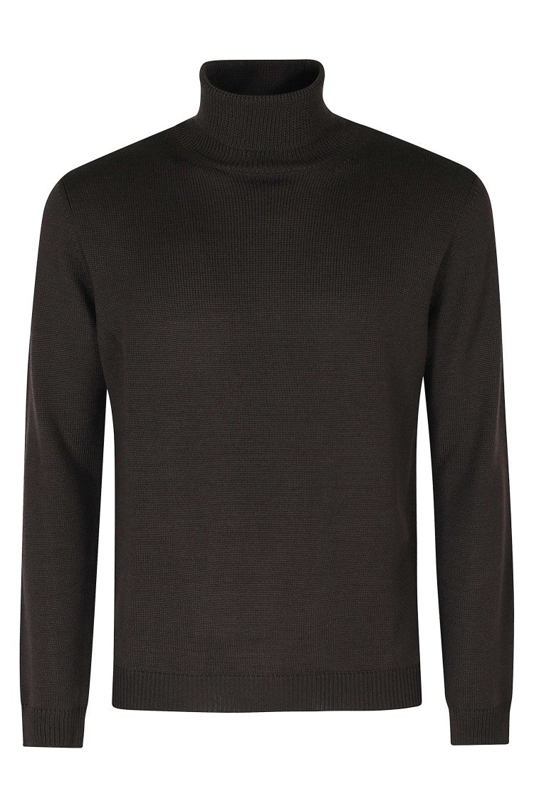 Roberto Collina Dark Brown High-Neck Ribbed Merino Wool Turtleneck