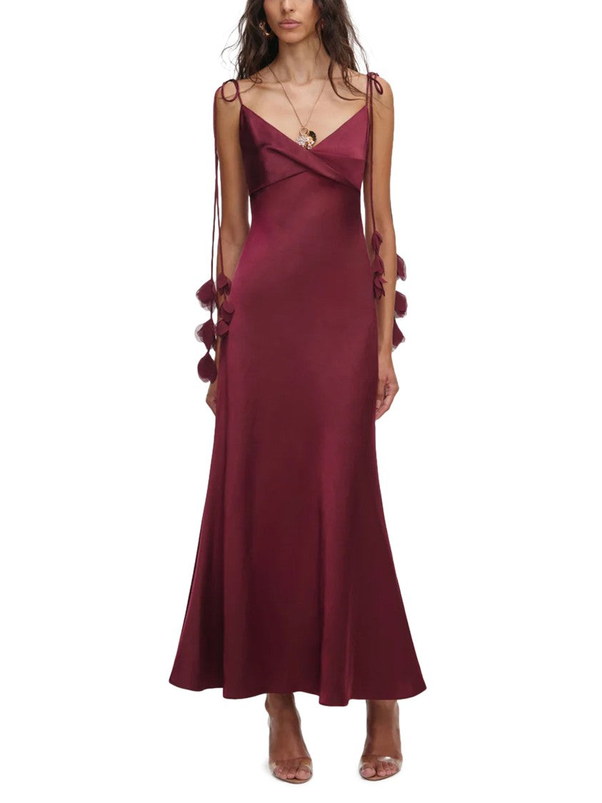 Self-Portrait Burgundy Satin Midi Dress With Floral Appliqués