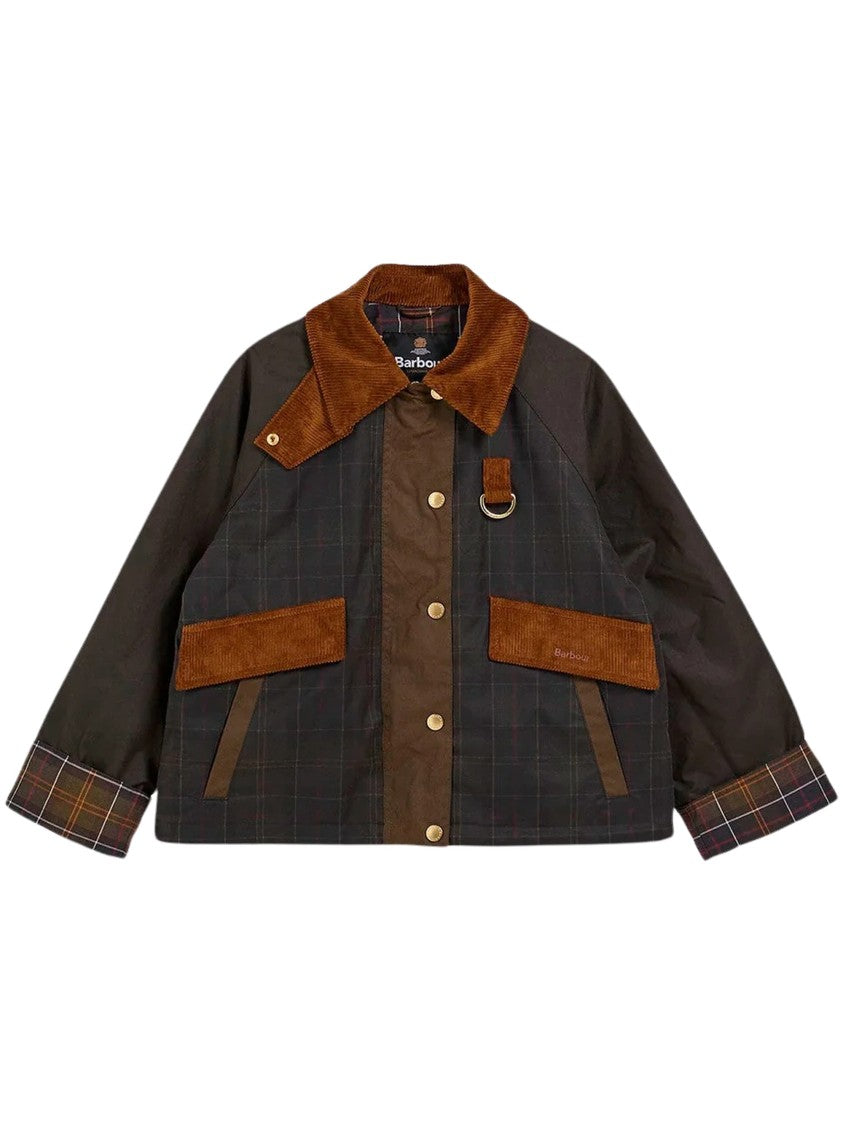 Barbour Cropped Waxed Jacket With Plaid Accents And Corduroy Collar