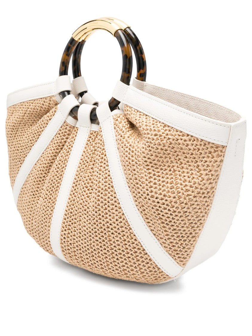 Coccinelle Shell Semi-Circular Straw Leather Trim Handbag