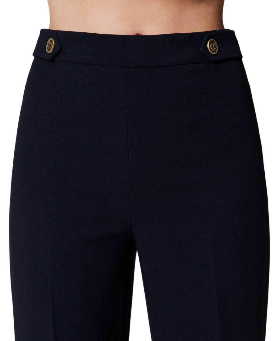 Twin-Set Classic Blue Cady Crêpe High-Waisted Tab-Detail Straight-Leg Pants