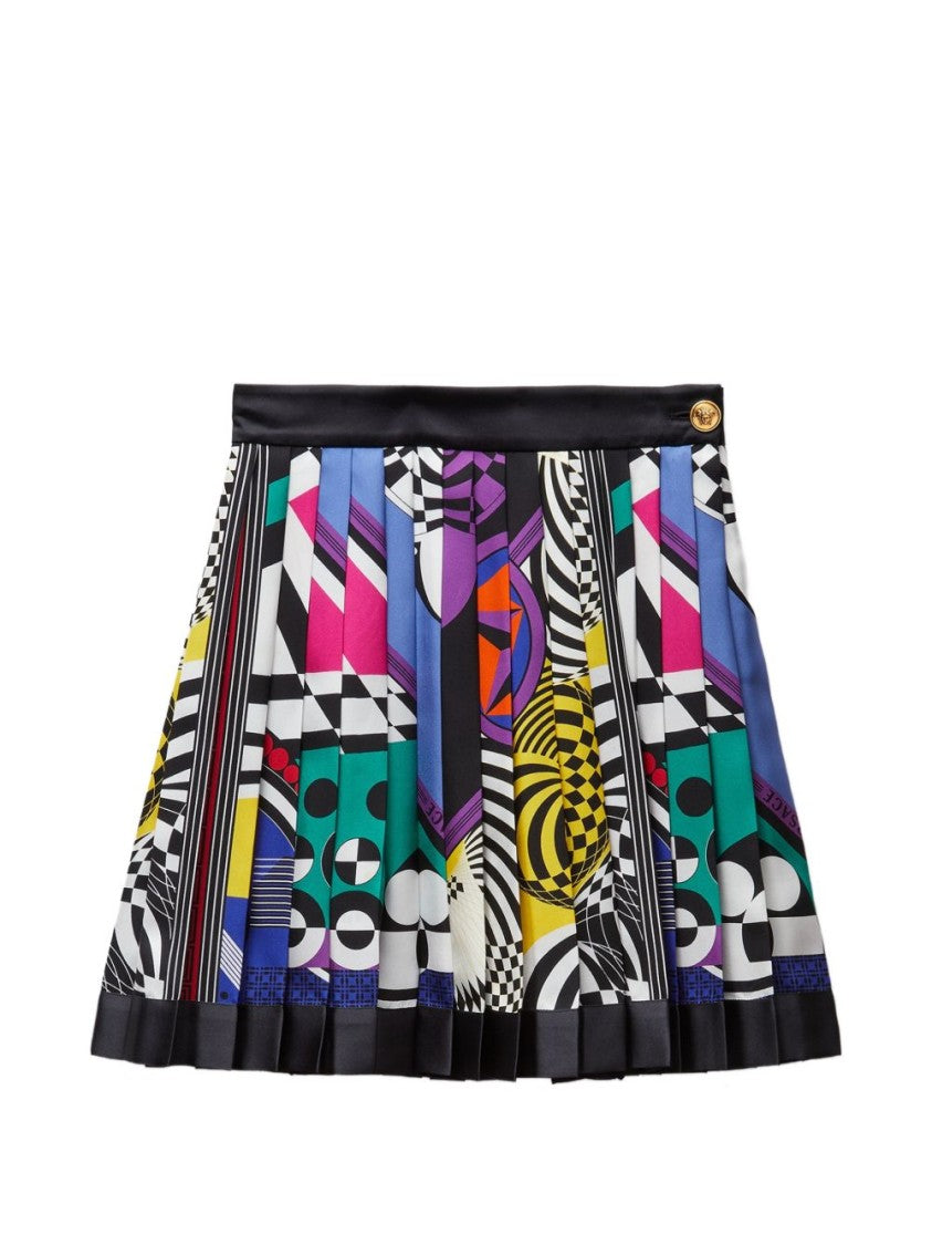 Versace Multicolored Geometric Pleated Silk Mini Skirt