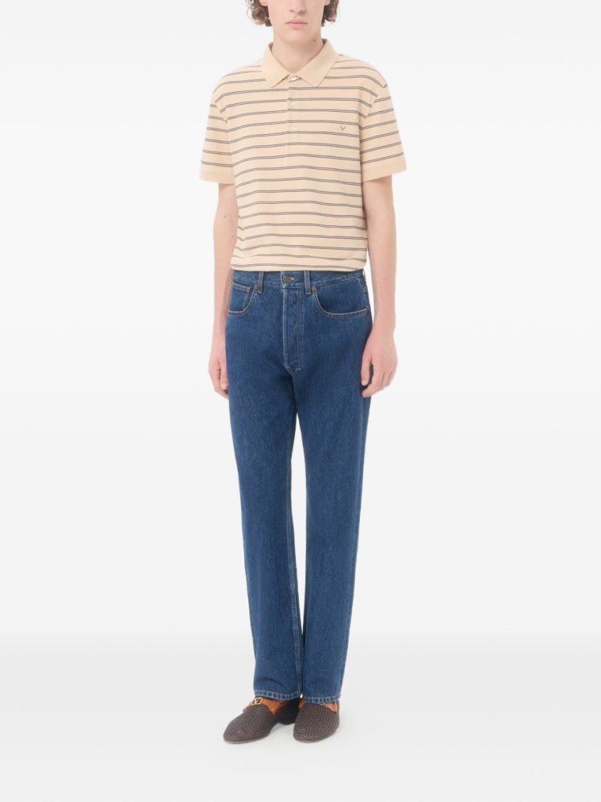 Valentino Garavani Beige Cotton Pique Navy Stripe Polo Shirt