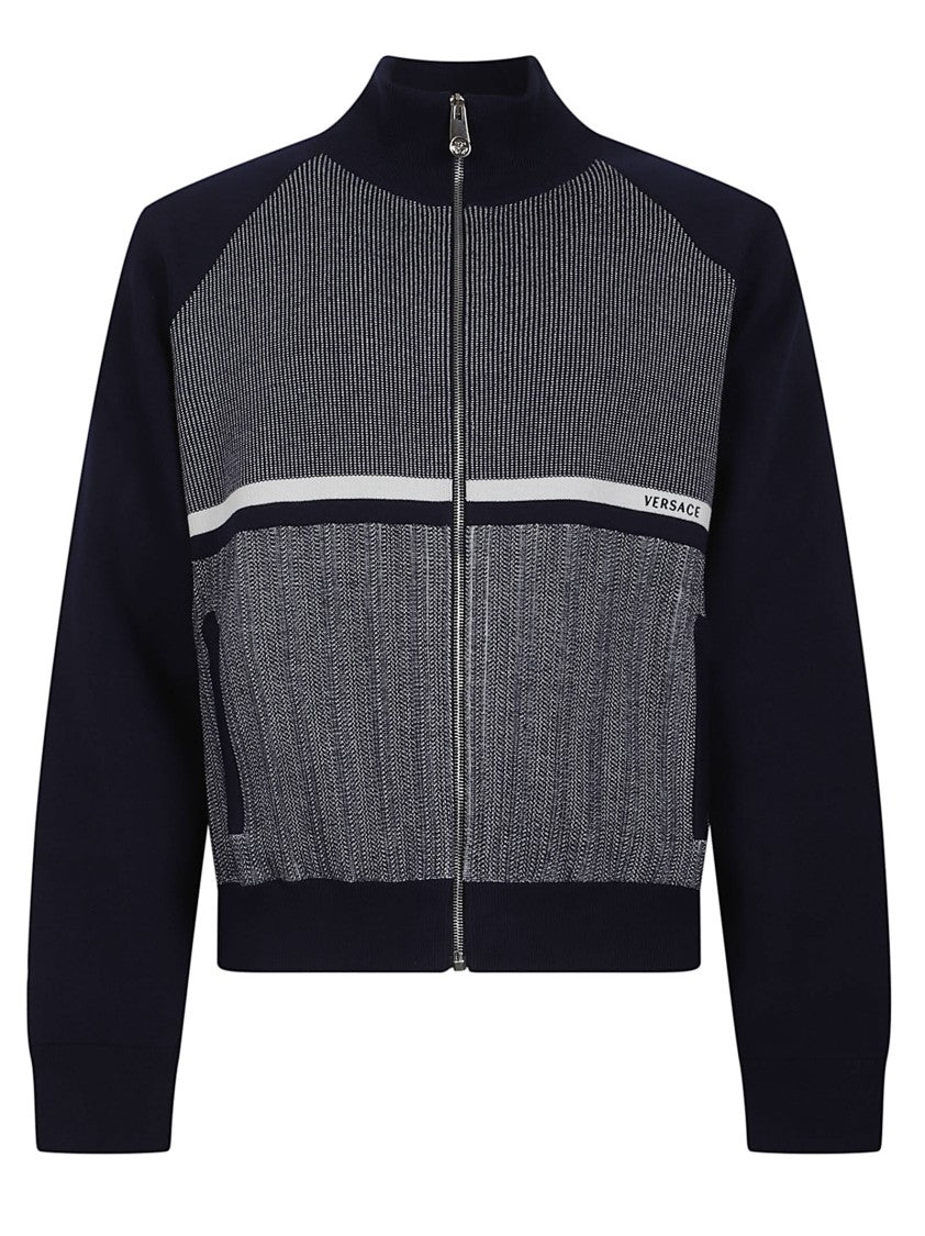 Versace Textured Knit Sweater With Zip-Up Front And High Collar
