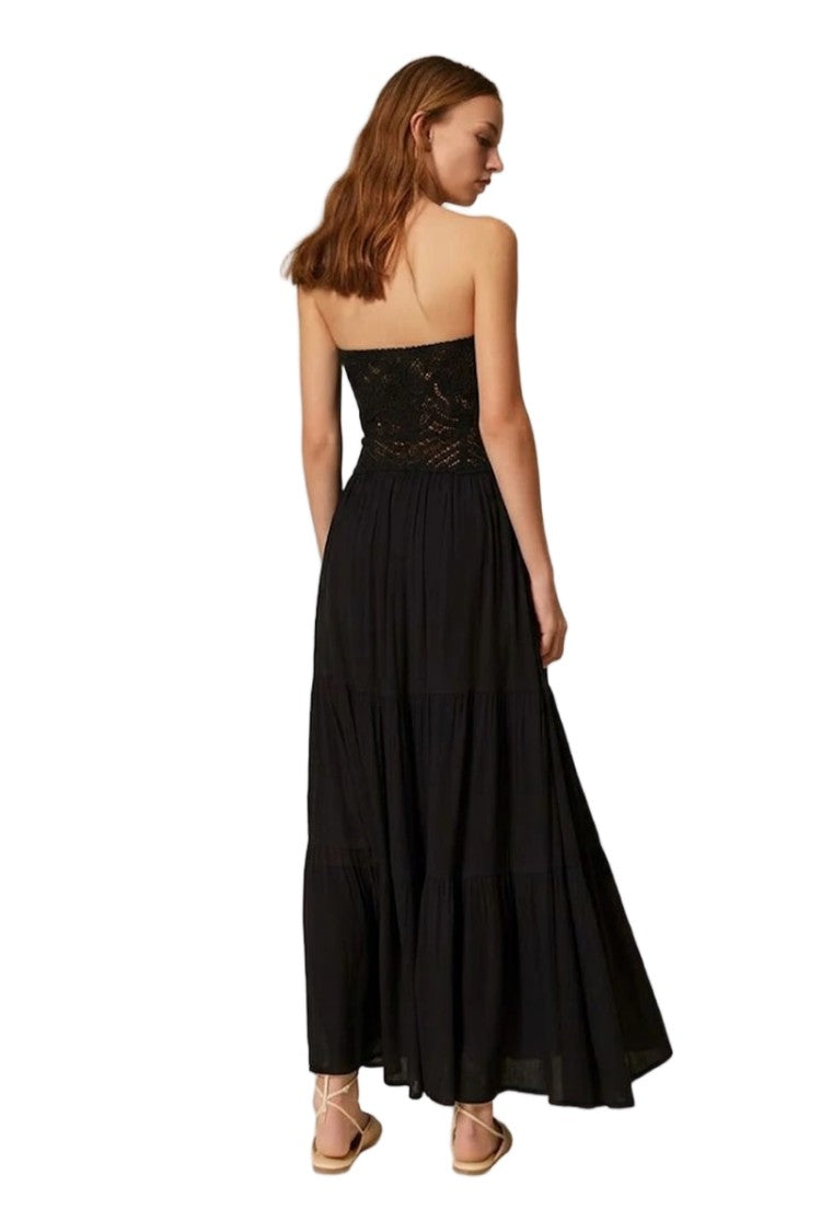 Twinset U&B Cotton Crochet Creponne Muslin Tiered Bustier Maxi Dress