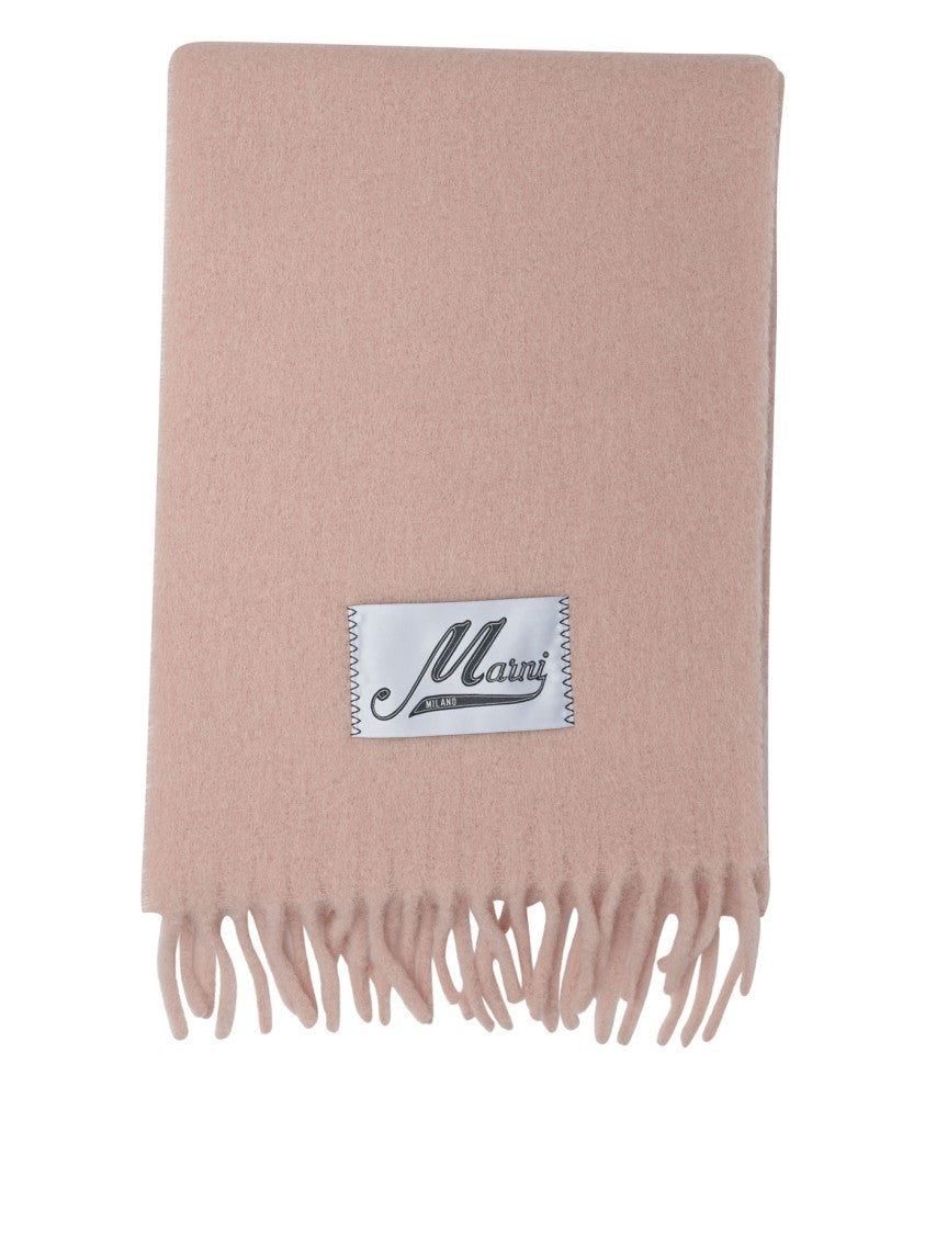 Marni Plush Pink Fringed Scarf With Sewn-On Label