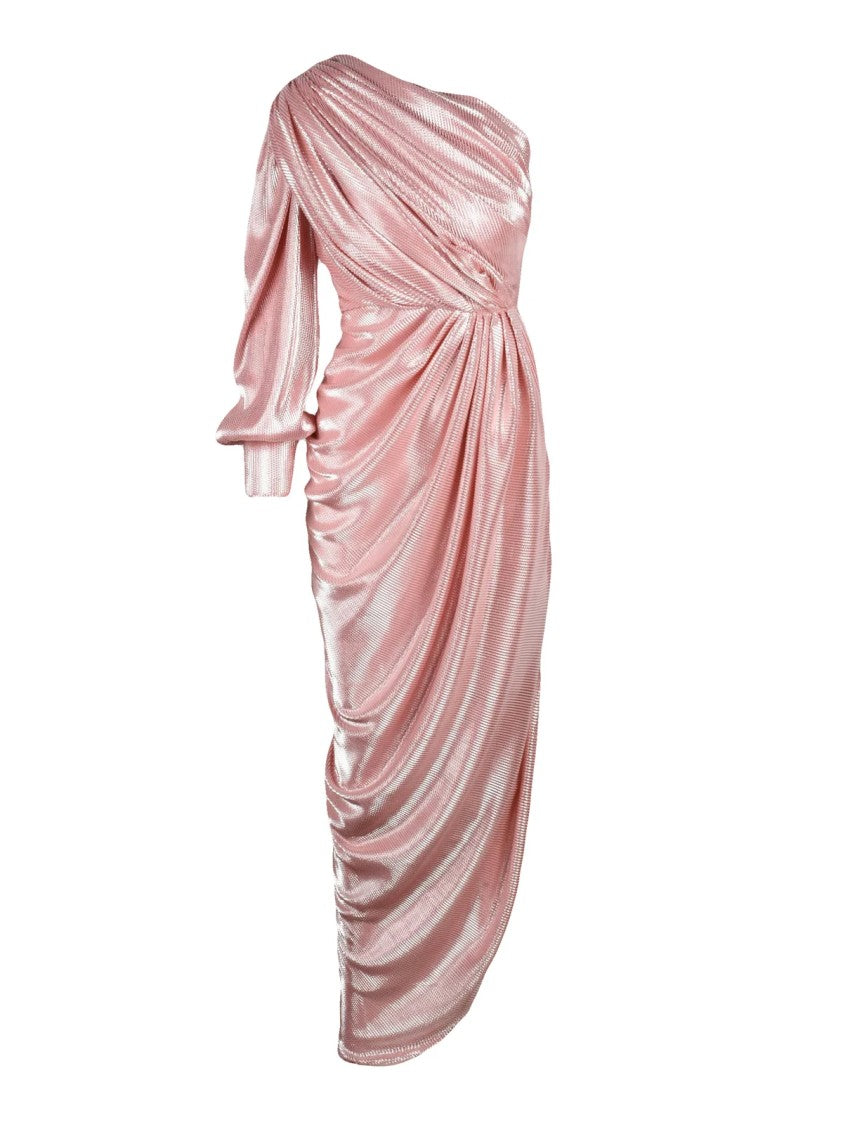 Rhea Costa Pink Polyamide One-Shoulder Ruched Lamé Maxi Dress