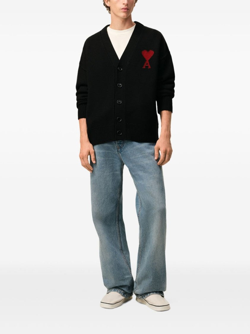 Ami Paris Black Knit Cardigan With V-Neck And Heart Detail