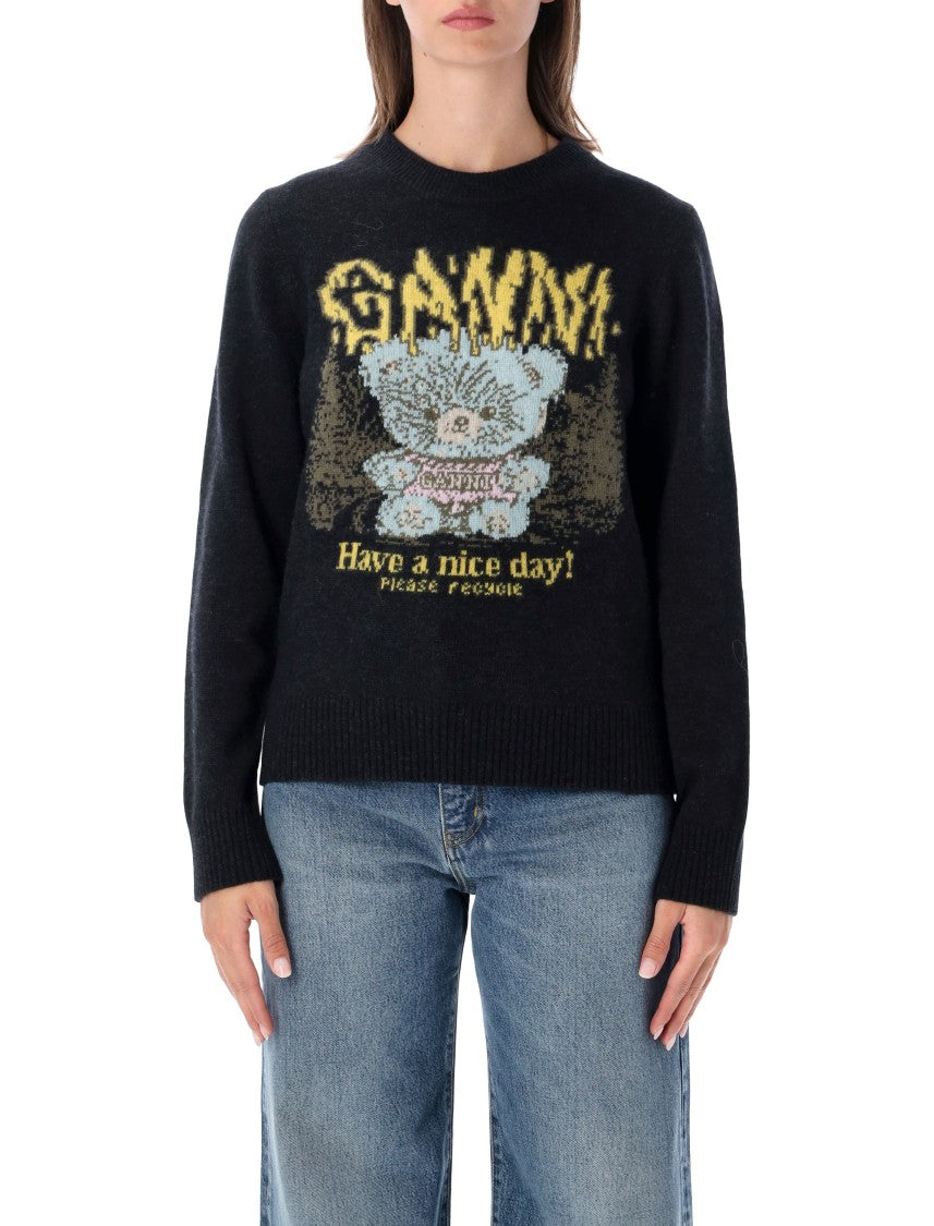 Ganni Graphic Forest Teddy Wool Sweater With Playful Message