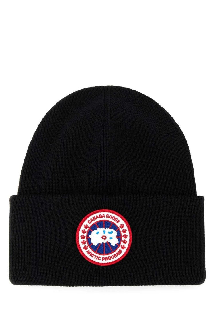 Canada Goose Black Knit Beanie Hat With Embroidered Logo