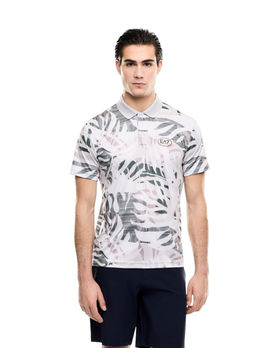 Ea7 Emporio Armani Multi-Color Abstract Leaf Pattern Polo Shirt