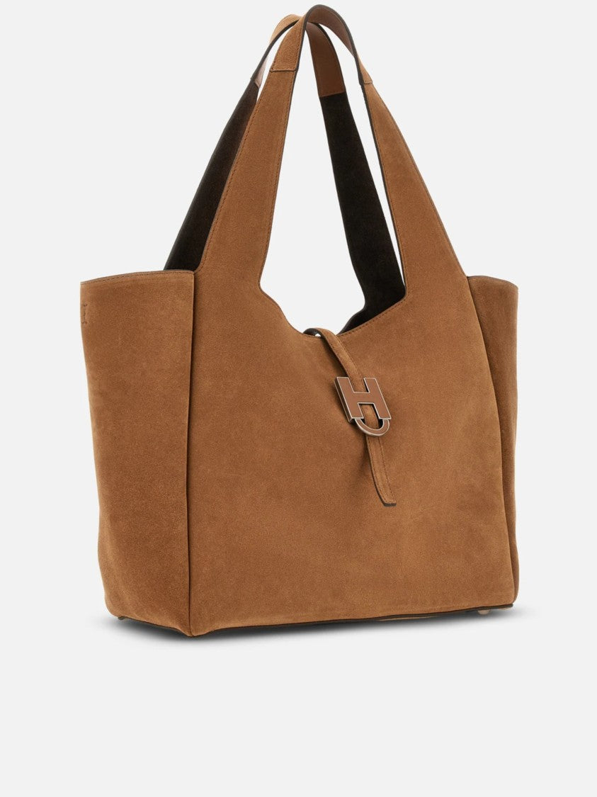Hogan Warm Brown Suede H-Clasp Tote Bag