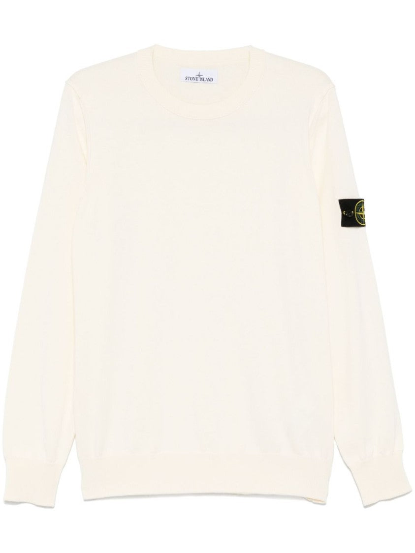 Stone Island Ivory Crew Neck Sweater With Logo Badge