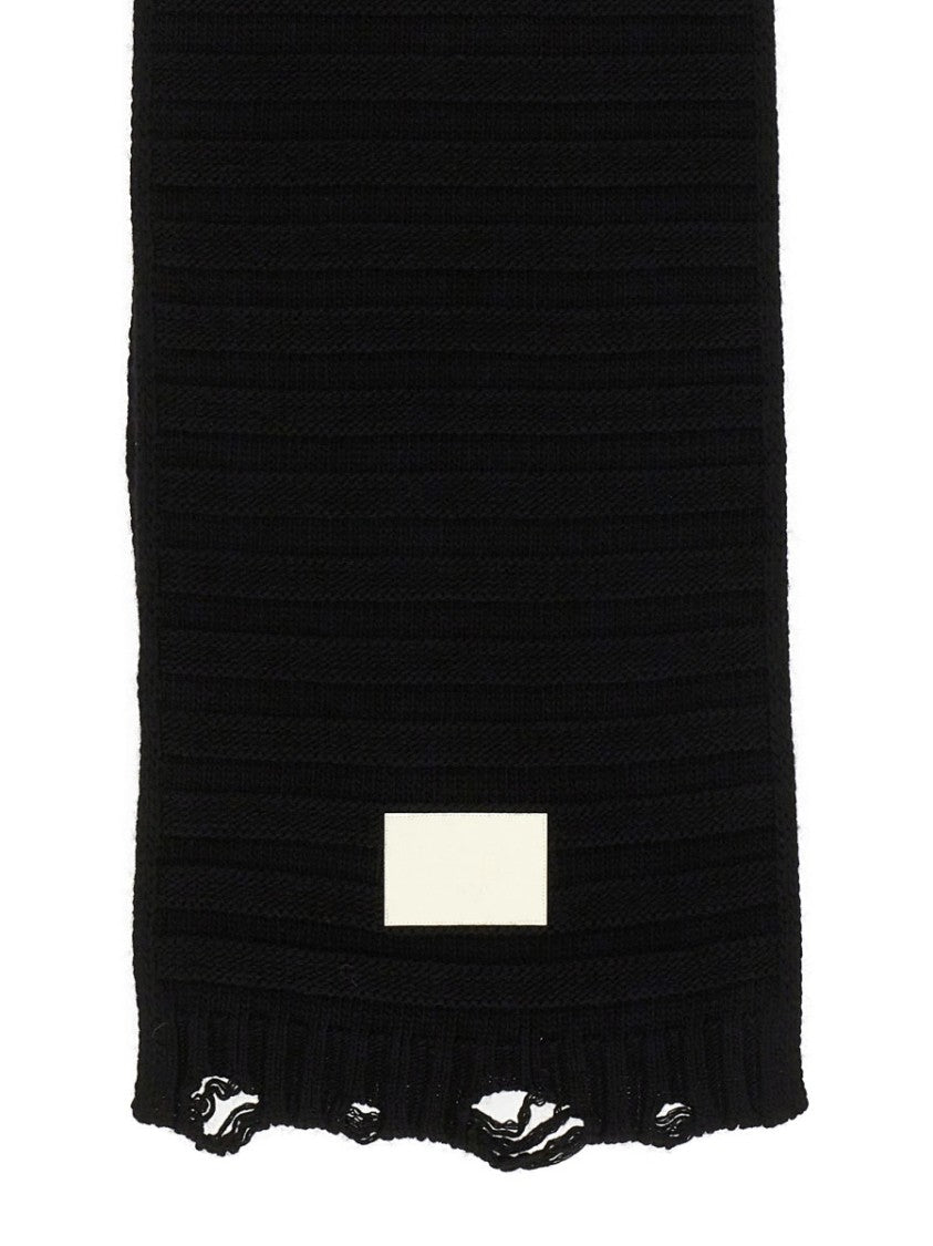 Mm6 By Maison Margiela Textured Ribbed Black Wool Scarf With Fringe