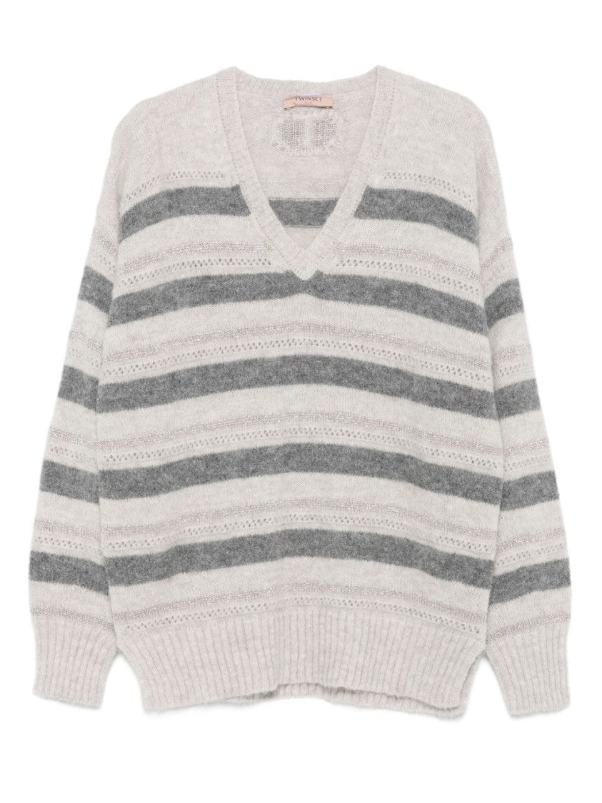 Twin-Set Horizontal Striped Knit Sweater With V-Neckline