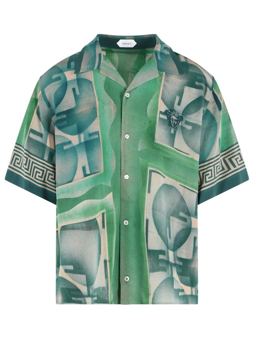 Versace Short-Sleeve Green Silk Shirt With Geometric Print