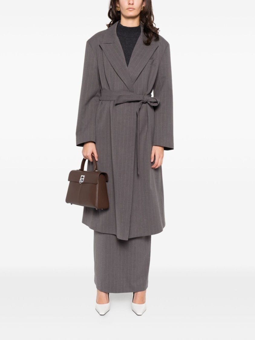 The Nina Studio Pinstripe Belted Coat With Peak Lapels And Tailored Silhouette