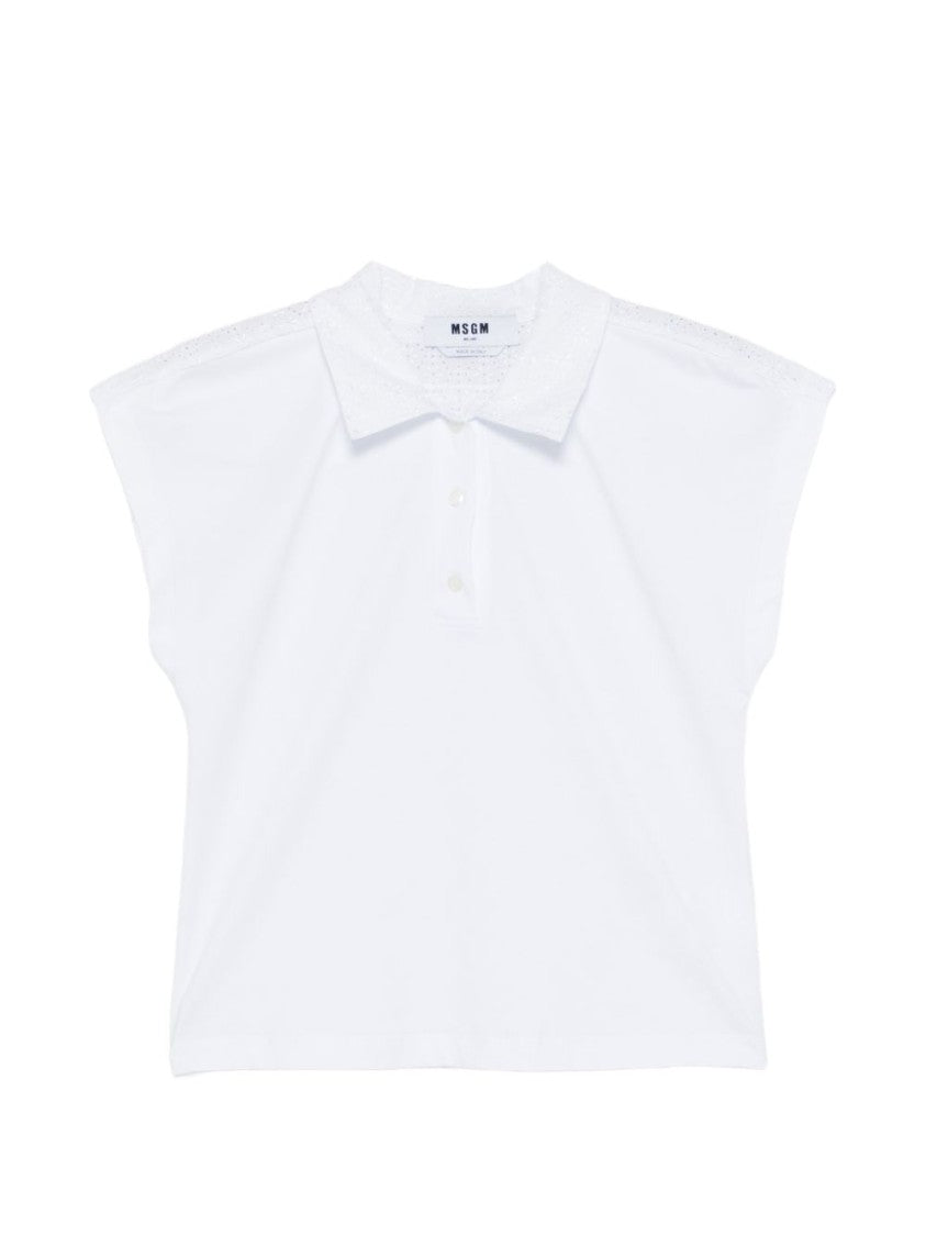 Msgm White Polo Shirt With Pointelle Detailing And Structured Shoulders