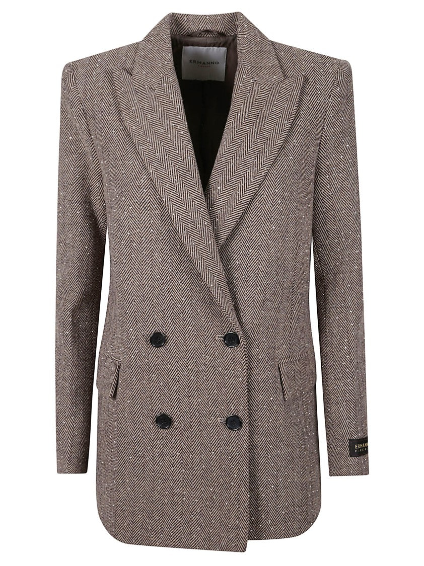 Ermanno Firenze Double-Breasted Herringbone Blazer With Crystal Embellishments
