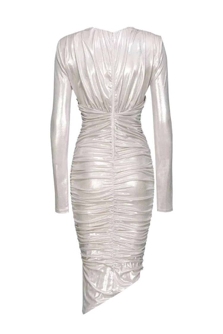 Pinko White Polyester-Elastane Ruched Midi Dress