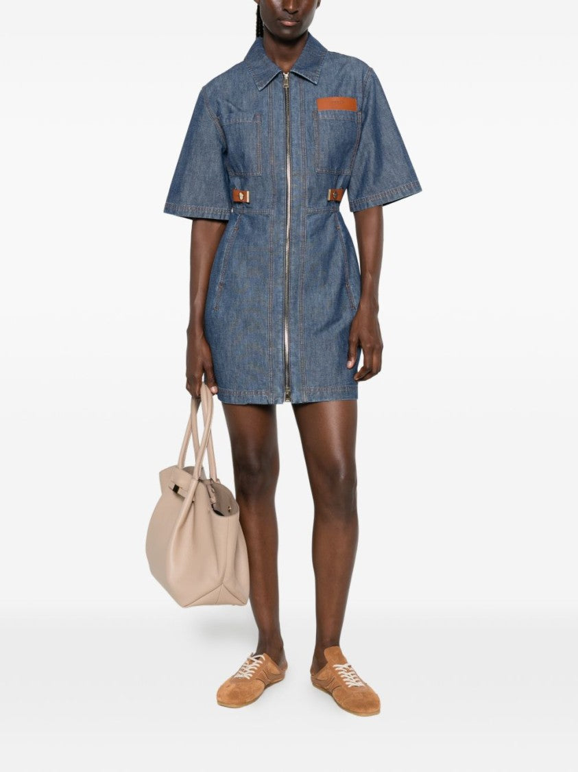 Fendi Structured Denim Contrast Leather Mini Dress