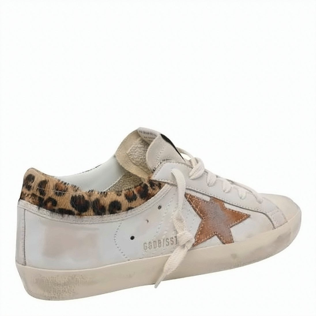 Golden Goose Distressed White Leather Sneakers With Suede Star And Leopard Print Accents