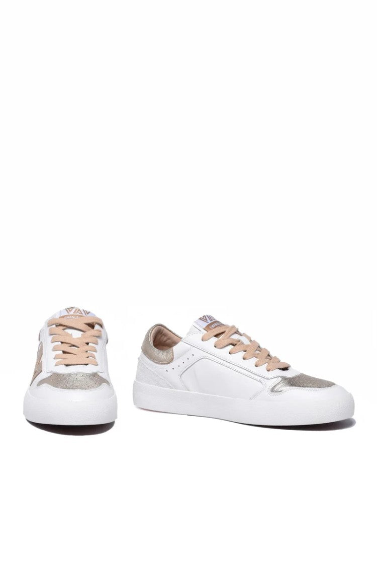 Emanuélle Vee White/Gold Leather Rubber Sole Sneakers